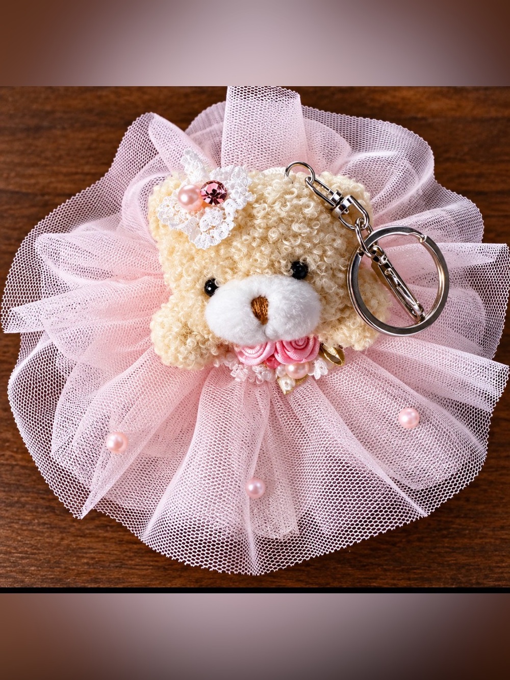 Pink Teddy Bear Tulle Purse Charm Keychain